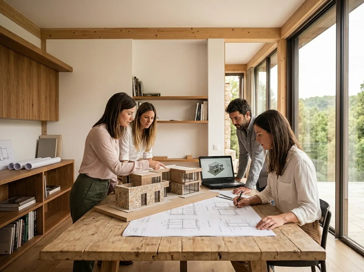 Equipo de arquitectura de Modular Tres revisando una maqueta y planos en el estudio