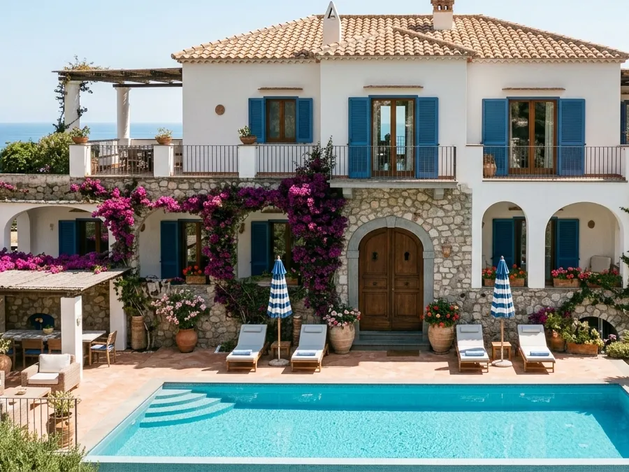 Terraza exterior con piscina, tumbonas y jardín mediterráneo