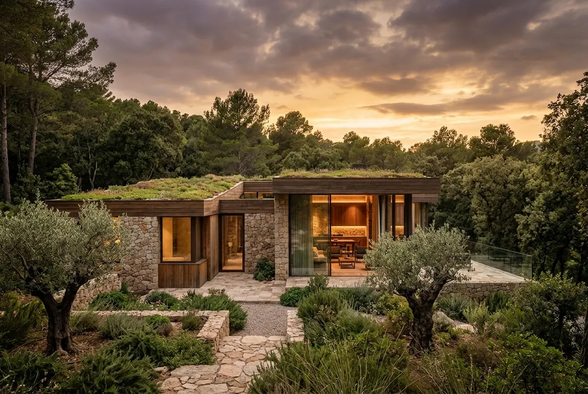 Salón con paredes de vidrio conectado con el jardín exterior