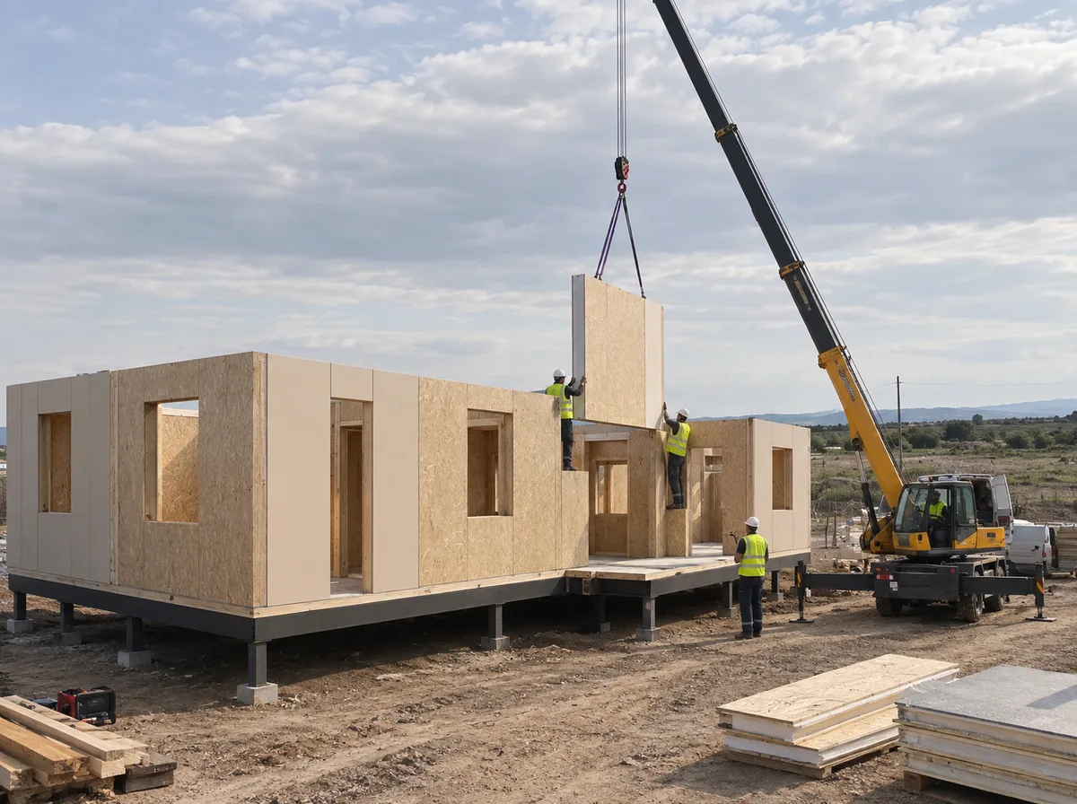 Grúa colocando paneles industrializados en el montaje de una vivienda en el exterior