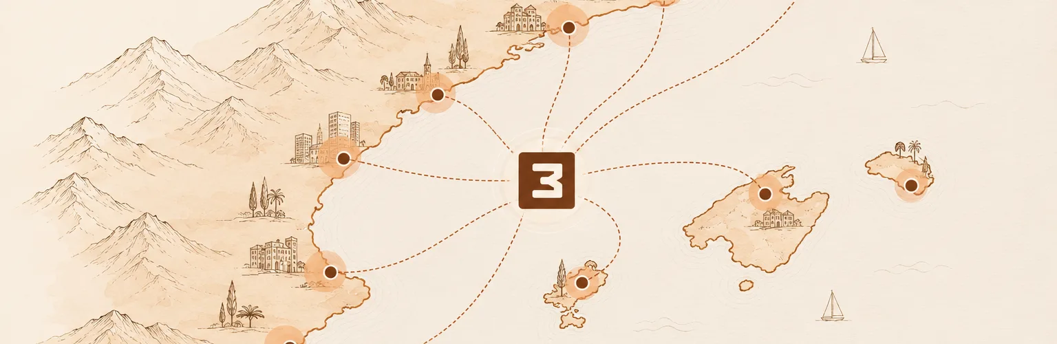 Mapa ilustrado de la zona de cobertura de Modular Tres, desde Barcelona hasta Mallorca y Alicante