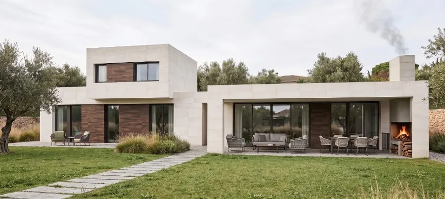 Modelo M3-02, vivienda con fachada de piedra, madera y porche cubierto