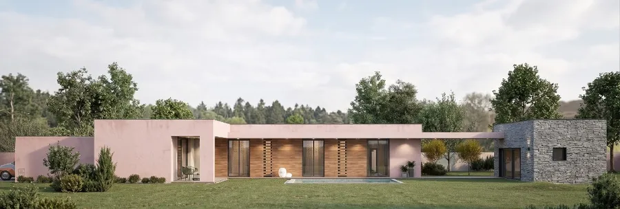 Modelo M3-03, vivienda en una planta con distribución en L, piscina y jardín