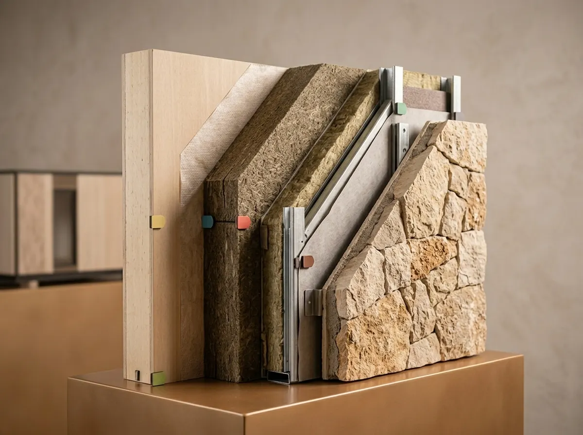 Corte de un panel prefabricado de fachada mostrando sus capas: madera, aislamiento y piedra natural