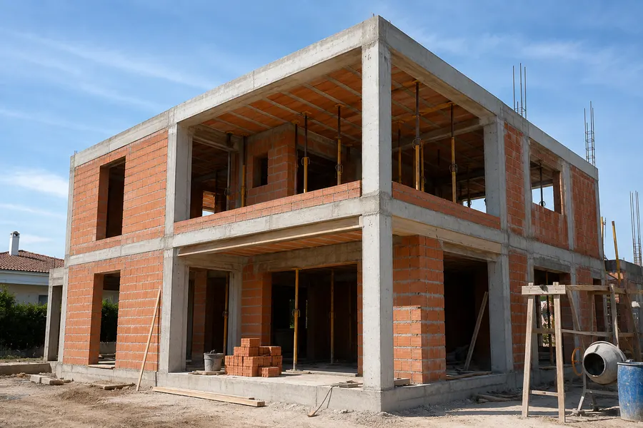 Vivienda en construcción con sistema tradicional de ladrillo y hormigón armado